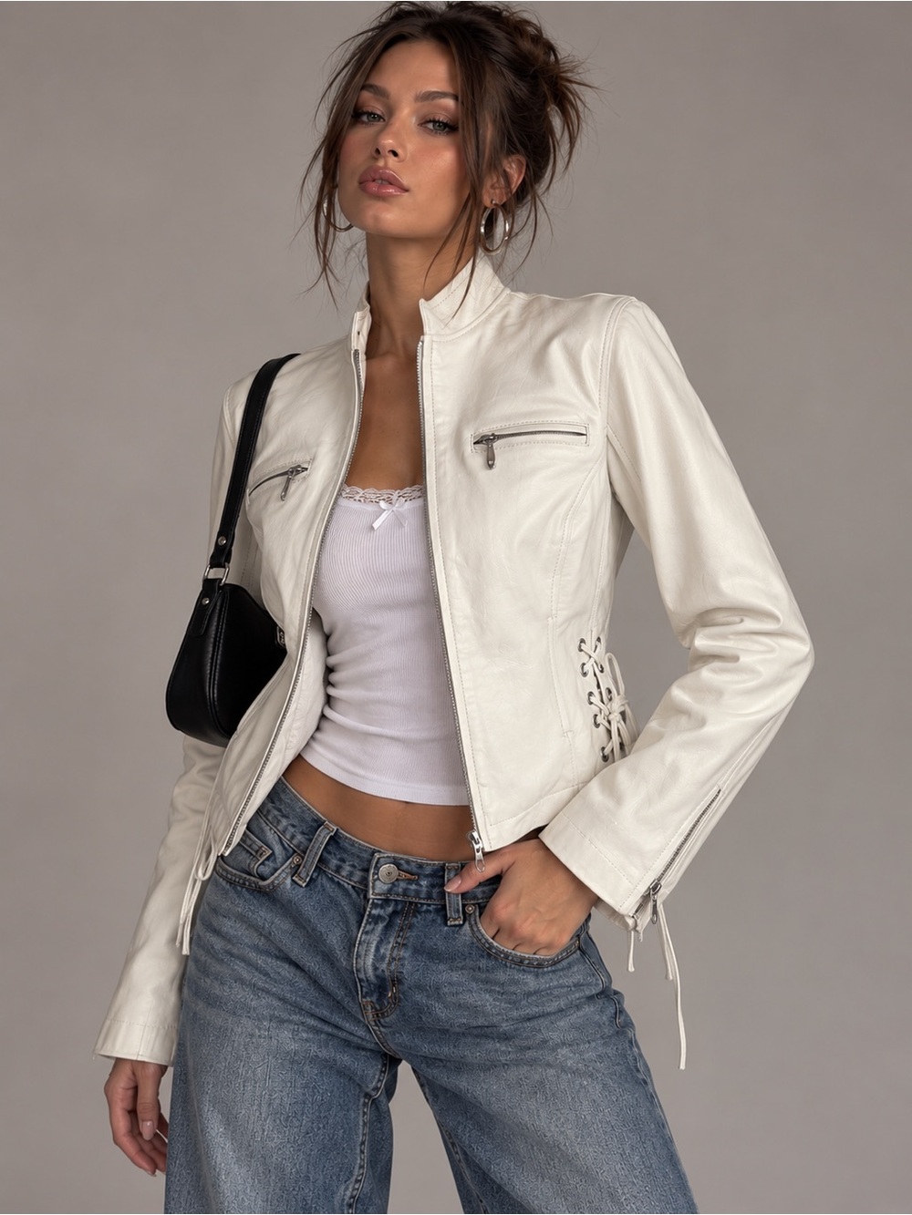 Y2K Wilsons Leather White Moto Jacket Womens L Corset Lace Up Biker Zip 2000s